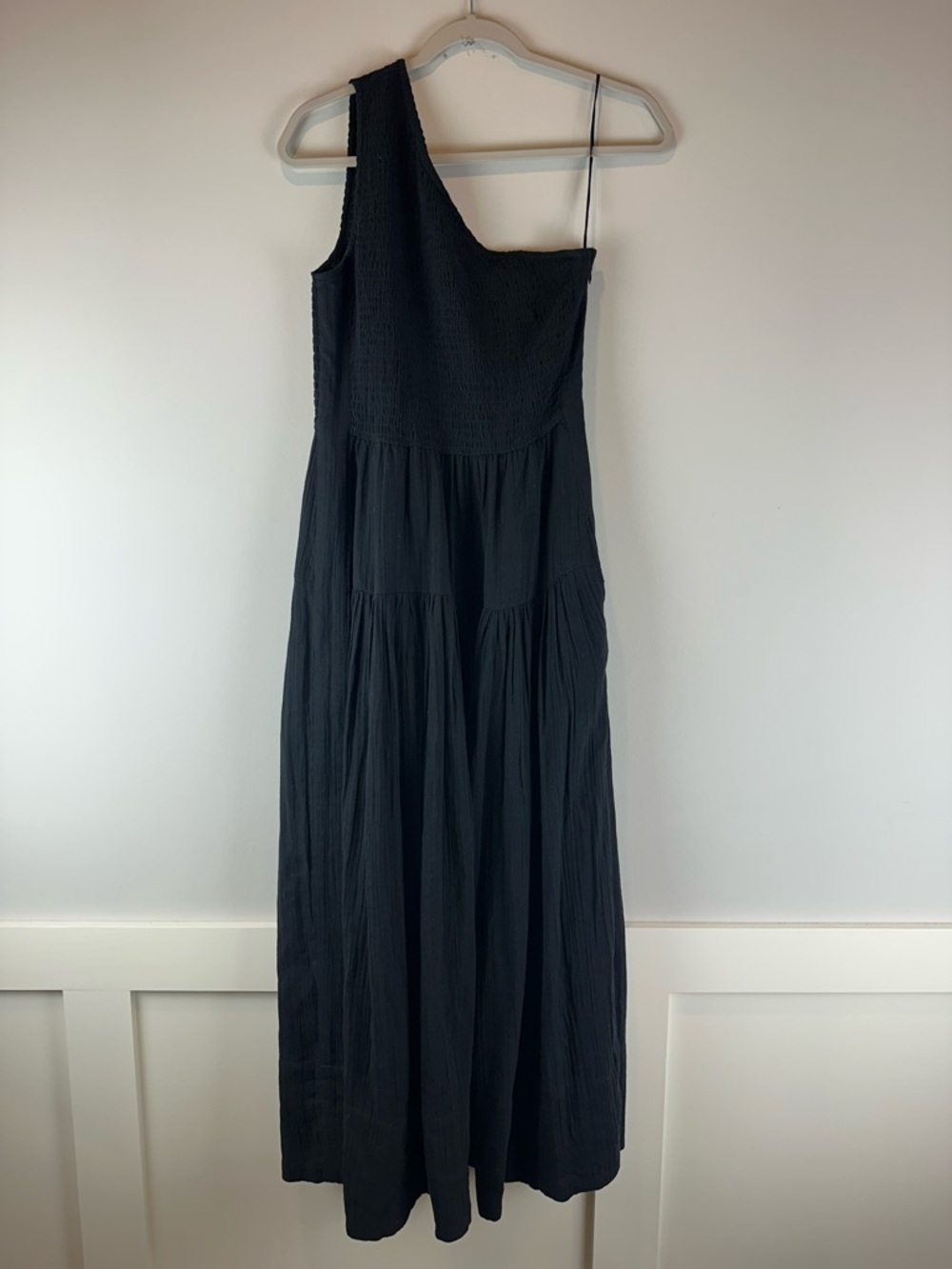 Me+Em Black Cheesecloth Shirred Smocked One Shoulder LBD Date Night Dress 8
